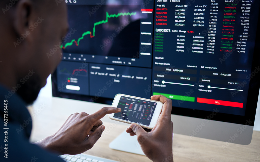 Phone, computer and corporate man with stock market statistics, NFT insight or investment data of IP