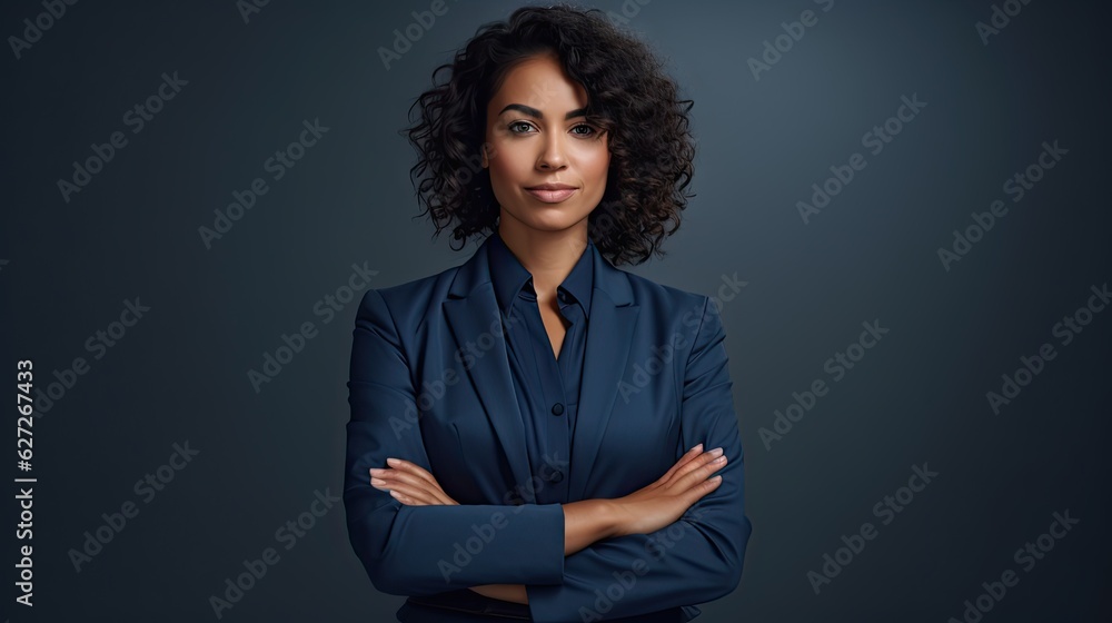 Portrait of happy woman looks in camera. Beautiful business woman professional in a suit at isolated