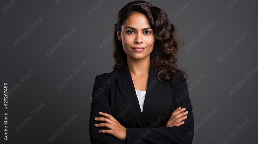 Portrait of happy woman looks in camera. Beautiful business woman professional in a suit at isolated