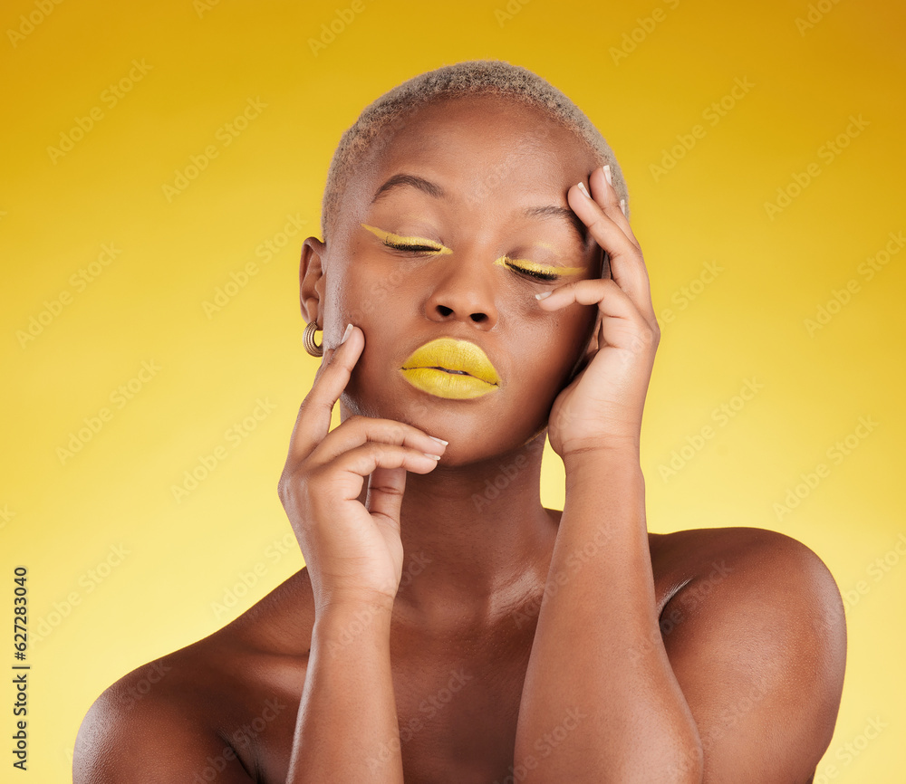 Creative, makeup and face with lipstick or black woman in studio on a yellow background for art, bea