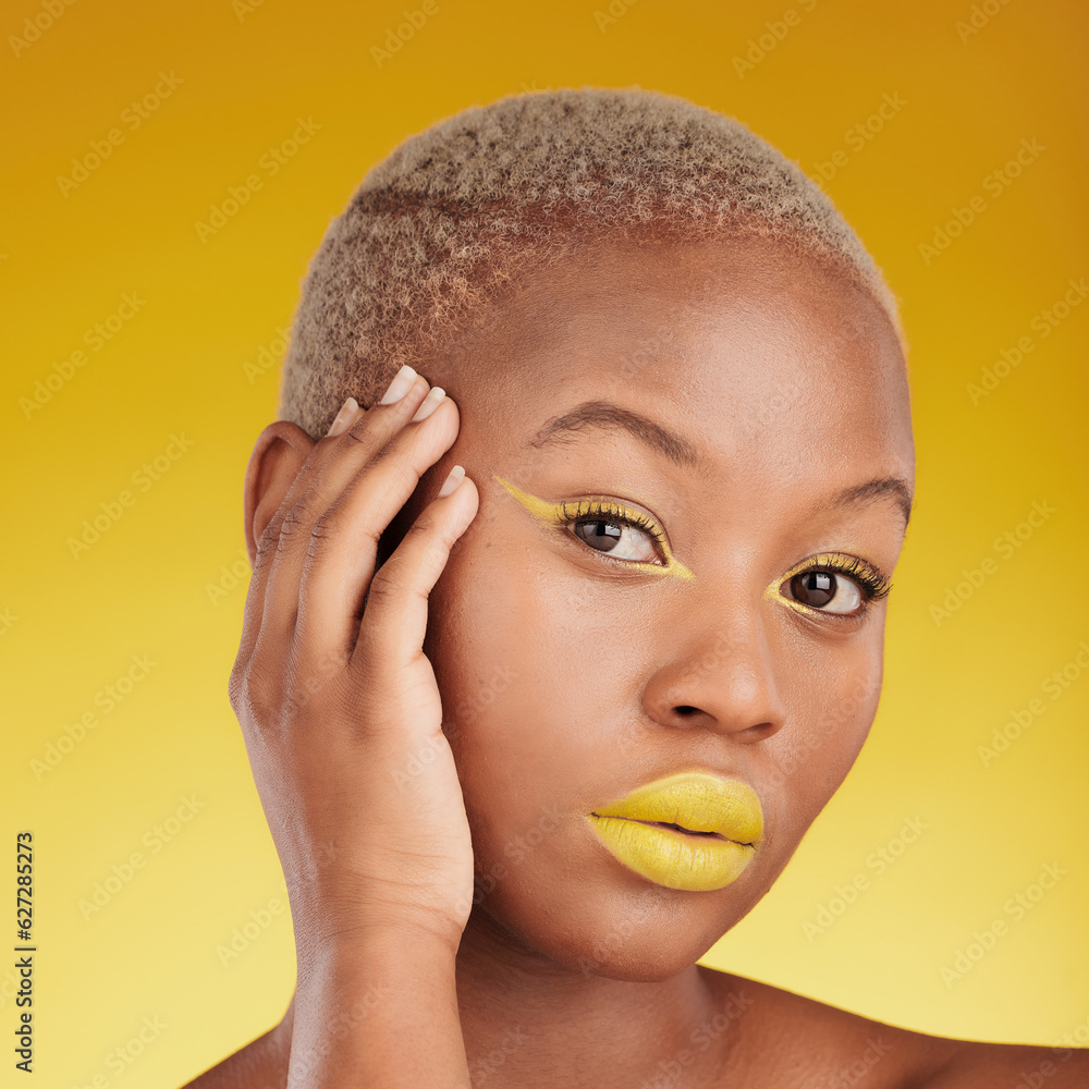 Portrait, cosmetics and african girl with creative for glow in yellow studio with background in clos