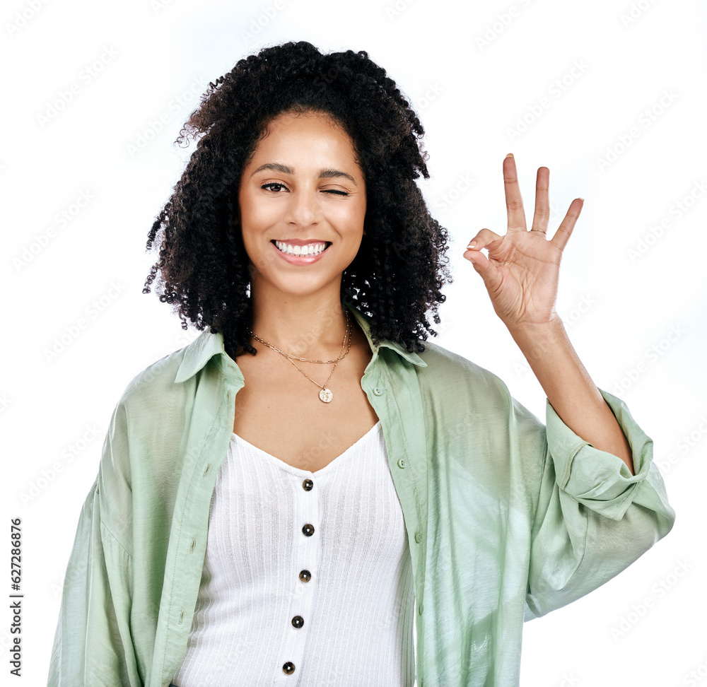 Studio, wink and woman portrait with perfect hand sign for support or agree, vote or review on white