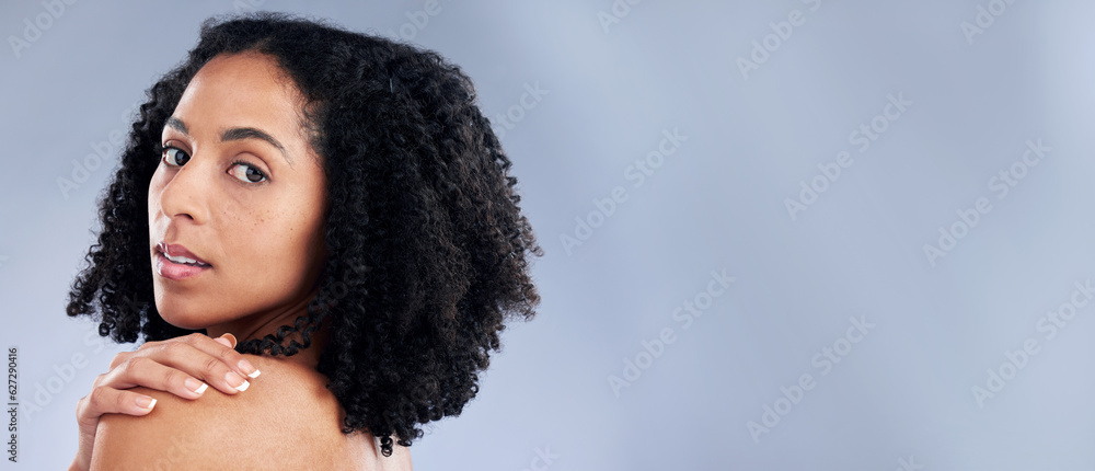 Portrait, beauty and mockup with an african woman in studio on gray background for skincare. Face, s