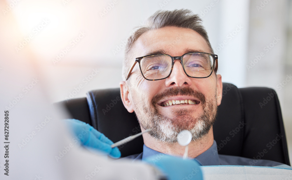 Senior man, smile and teeth, dentist and metal tools with health consultation, dental and oral care 