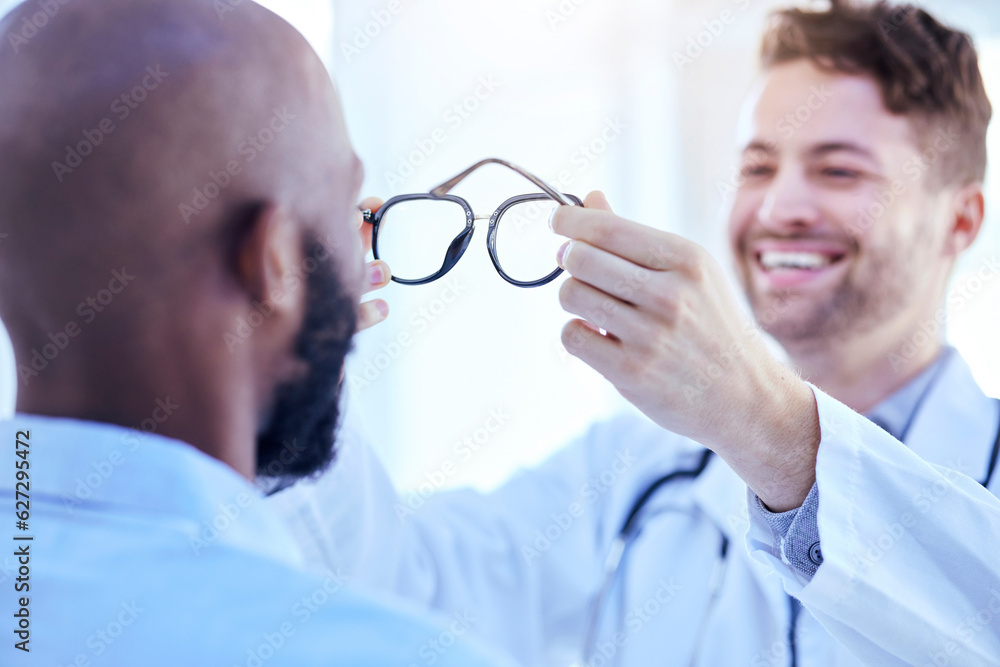 Glasses, optometrist and patient with men in clinic, vision and prescription lens with frame, choice