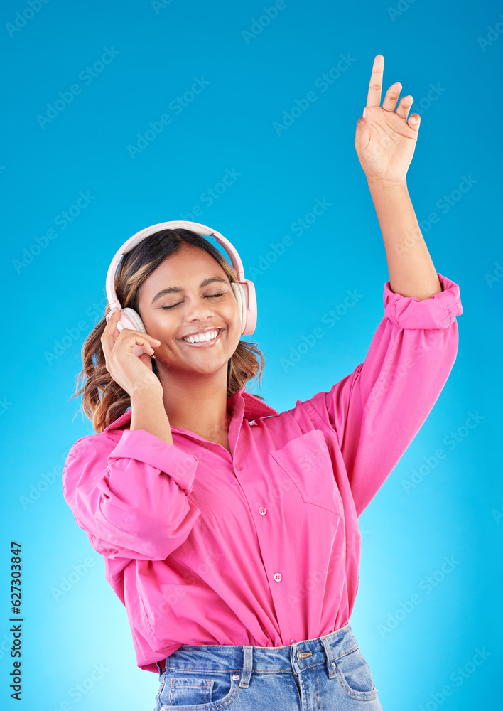 Happy woman, headphones and listening to music, audio streaming service and techno or student podcas