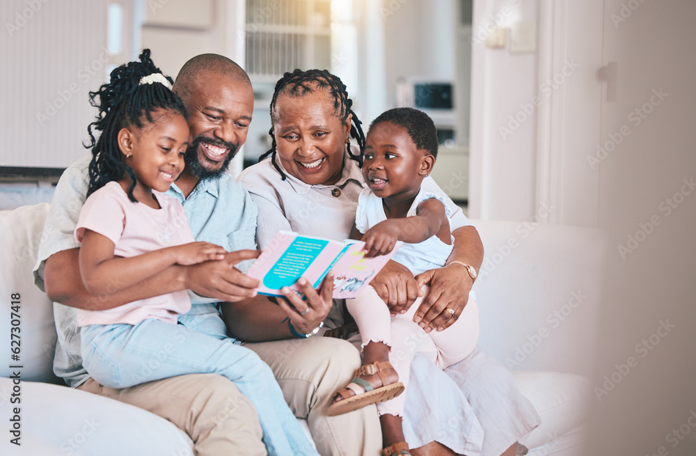 Learning, reading book and black children with grandparents on sofa in home living room. African fam