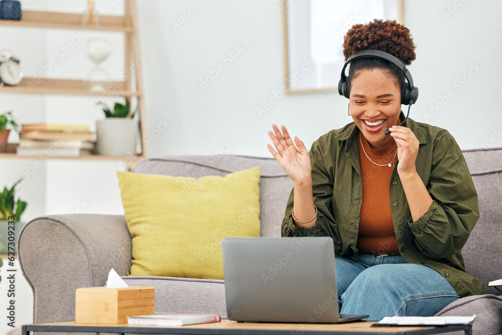 Video call, wave and woman on sofa with laptop, headphones and smile in living room home office. Hel