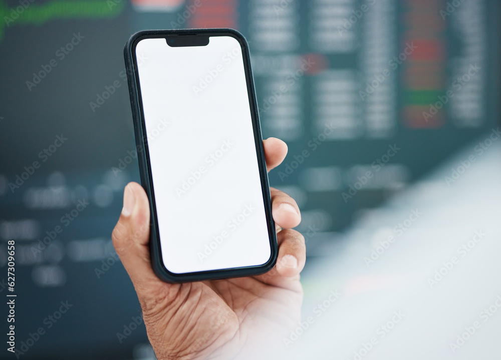 Mockup phone screen, person hands and stock exchange article, financial economy review or IPO launch