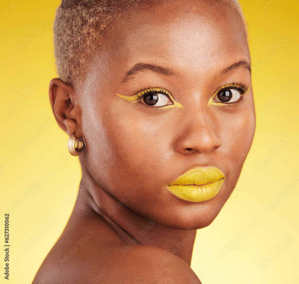 Beauty, makeup and portrait of a woman in a studio with eyeliner and lipstick for cosmetology. Self 