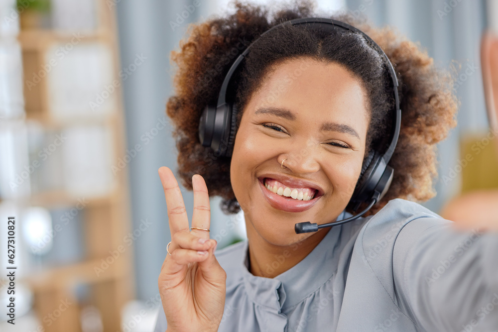 Callcenter, selfie and happy woman at help desk with peace sign for advice, sales and telemarketing 