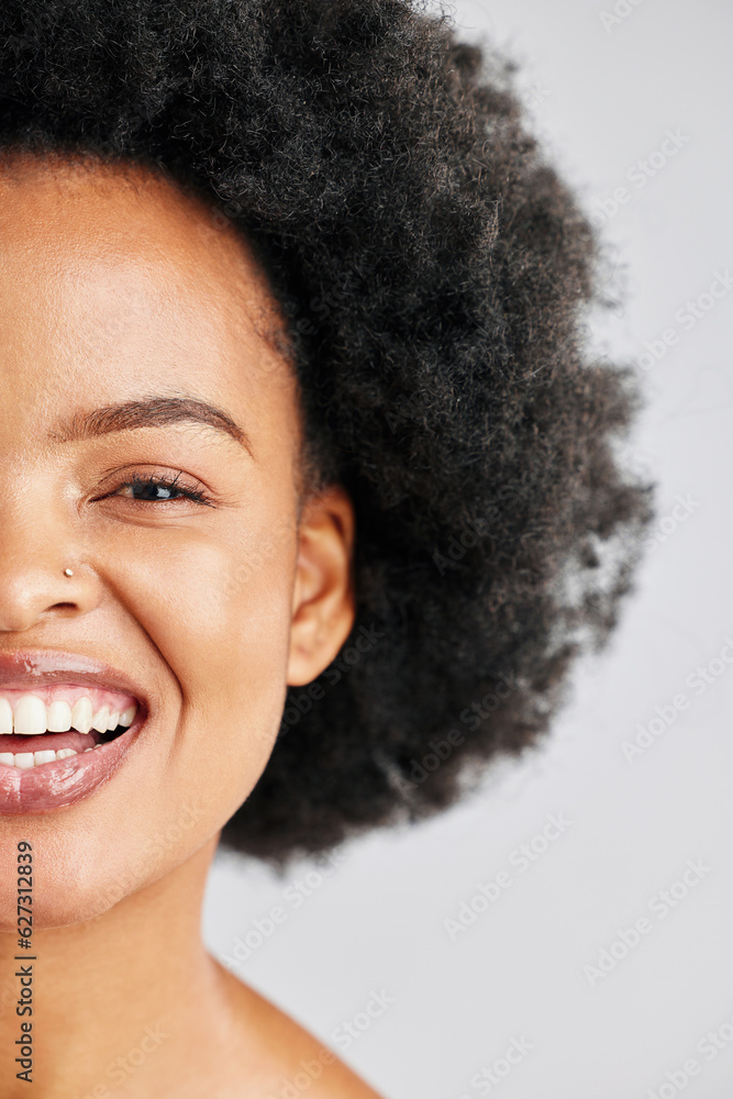 Skincare portrait, afro and African happy woman with studio beauty, skin cosmetics glow or healthy h