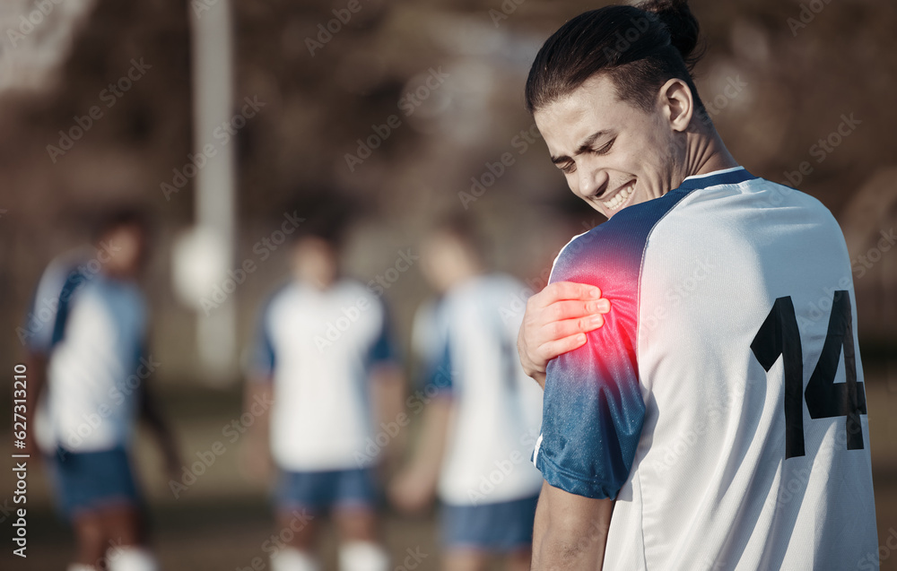 Soccer player, shoulder pain or man with injury on field in sports training accident or workout game