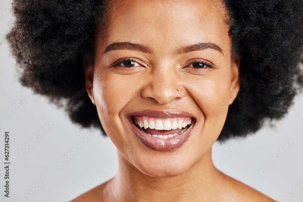 Beauty, portrait and African woman laughing with skincare shine, studio cosmetics and natural aesthe