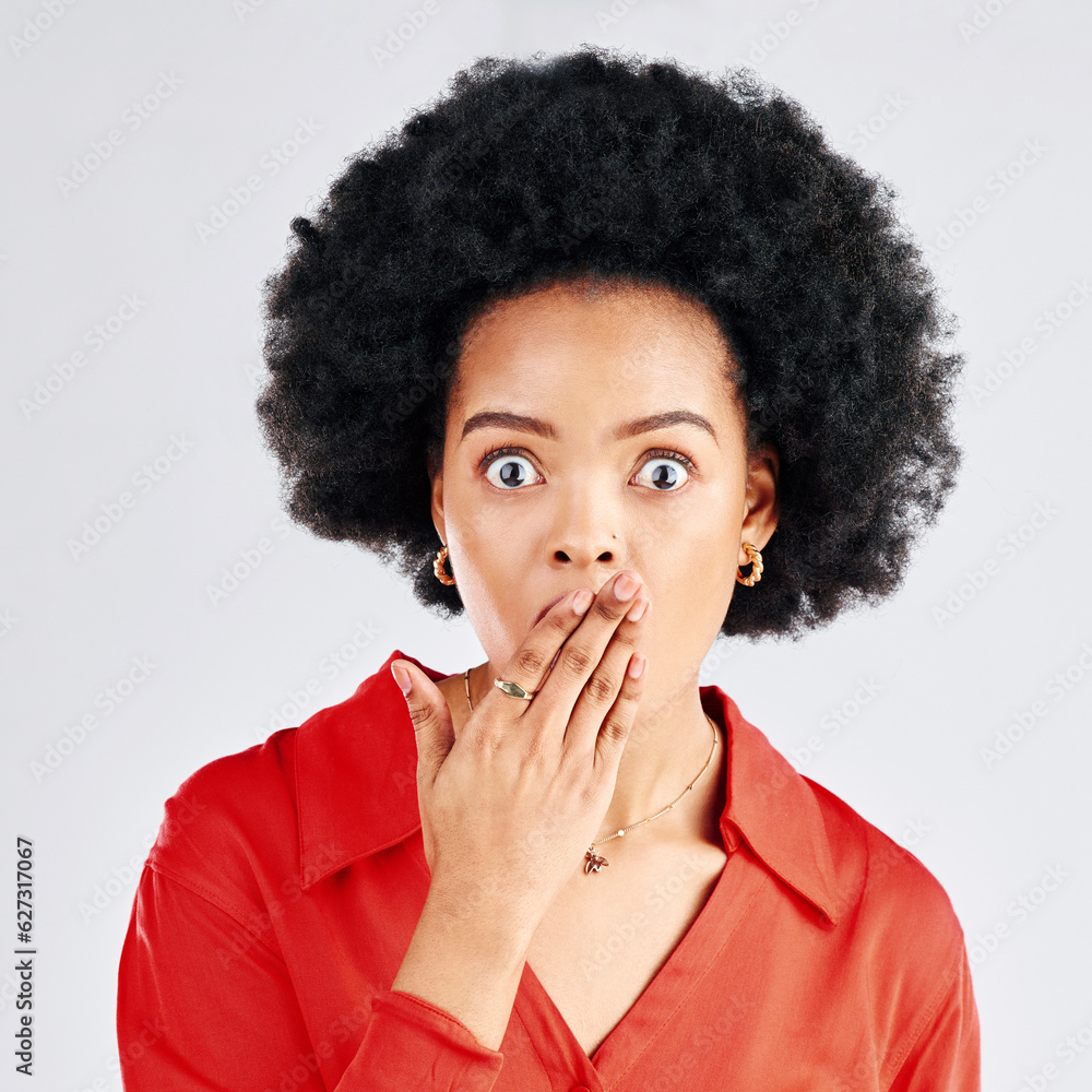 Surprise, gossip or portrait of black woman cover mouth for secret isolated on white background in s