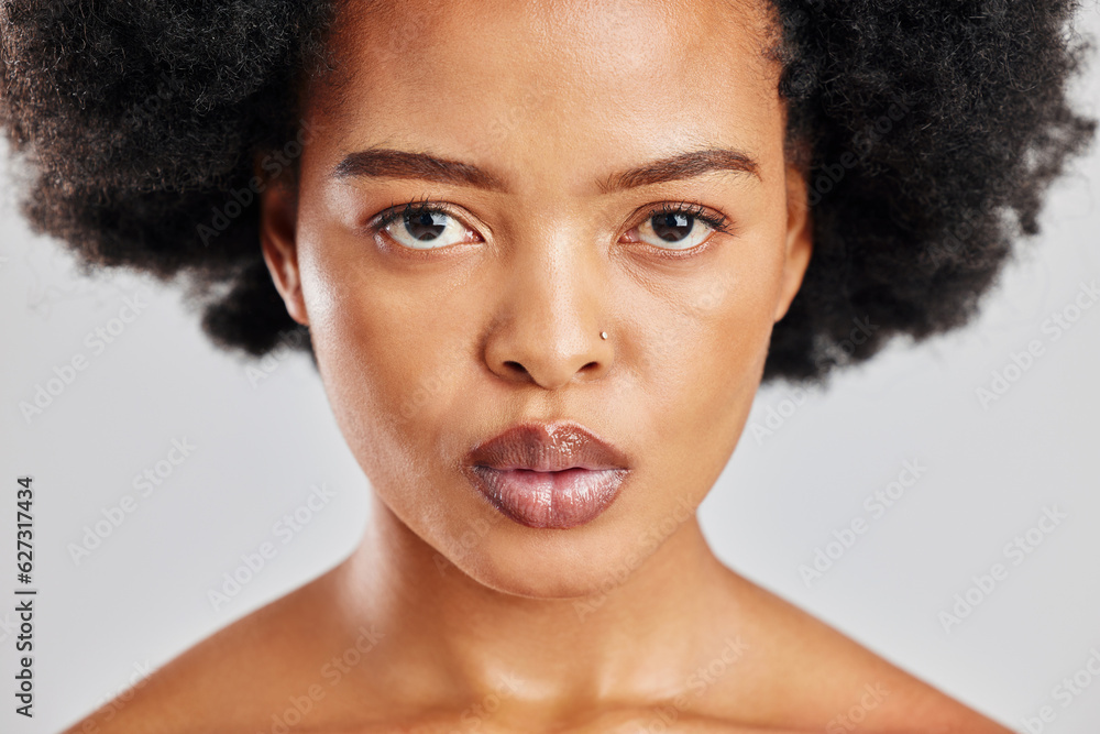 Beauty, studio lip gloss and African woman with skincare shine, facial cosmetics and natural aesthet