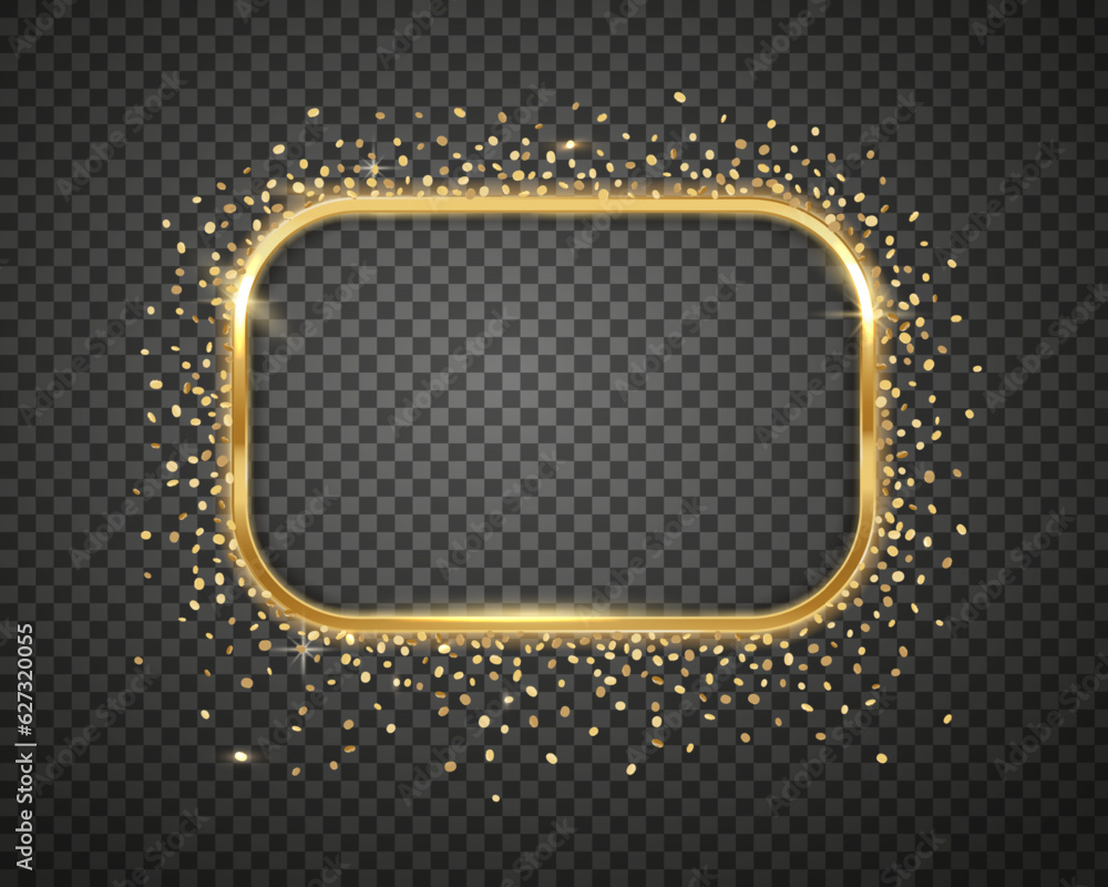 Golden glossy festive square frame. Realistic vector illustration. Design Element