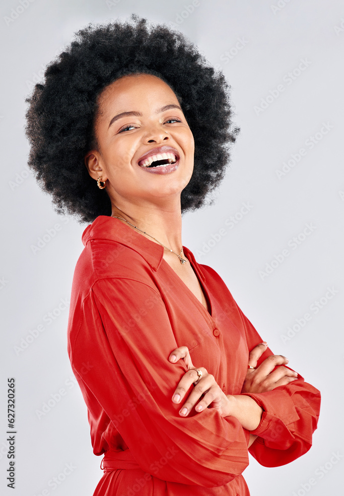 Portrait, fashion and arms crossed with an afro black woman in studio on a white background for tren