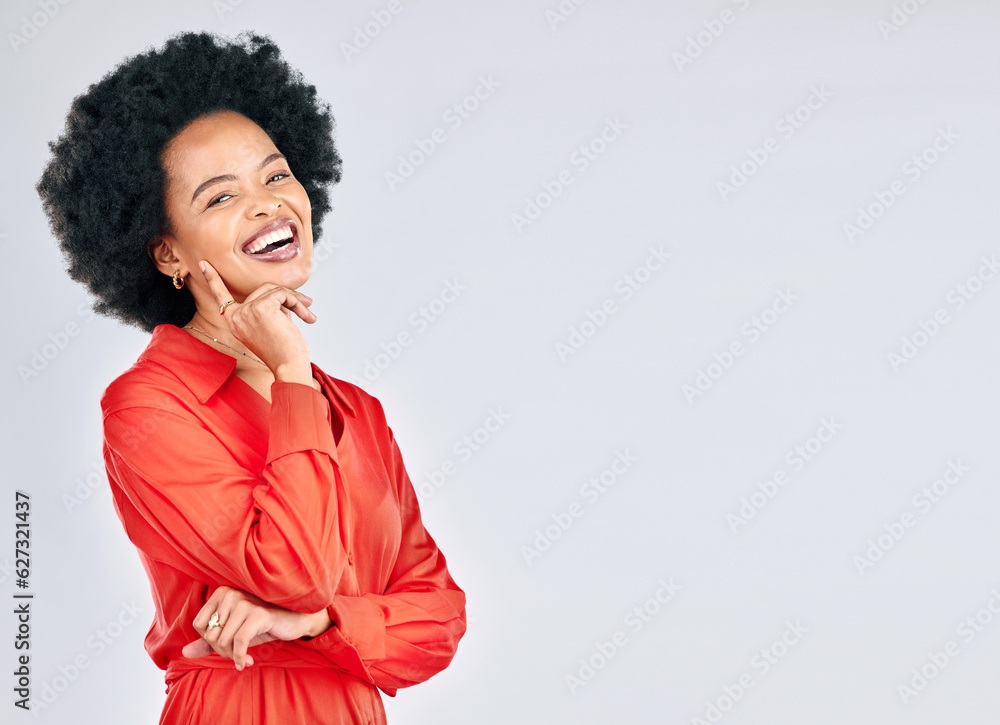 Happy, mockup and portrait of black woman on a studio background with arms crossed or pride. Smile, 