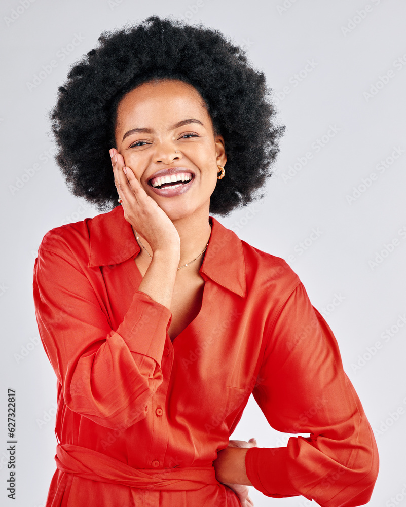 Portrait, happy and fashion with an afro black woman in studio on a white background for trendy styl