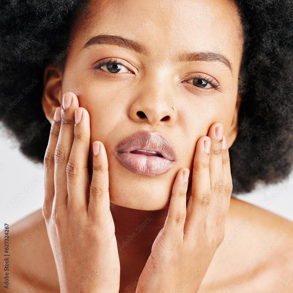 Beauty, skin care and portrait of a black woman with dermatology, cosmetics or natural makeup. Close