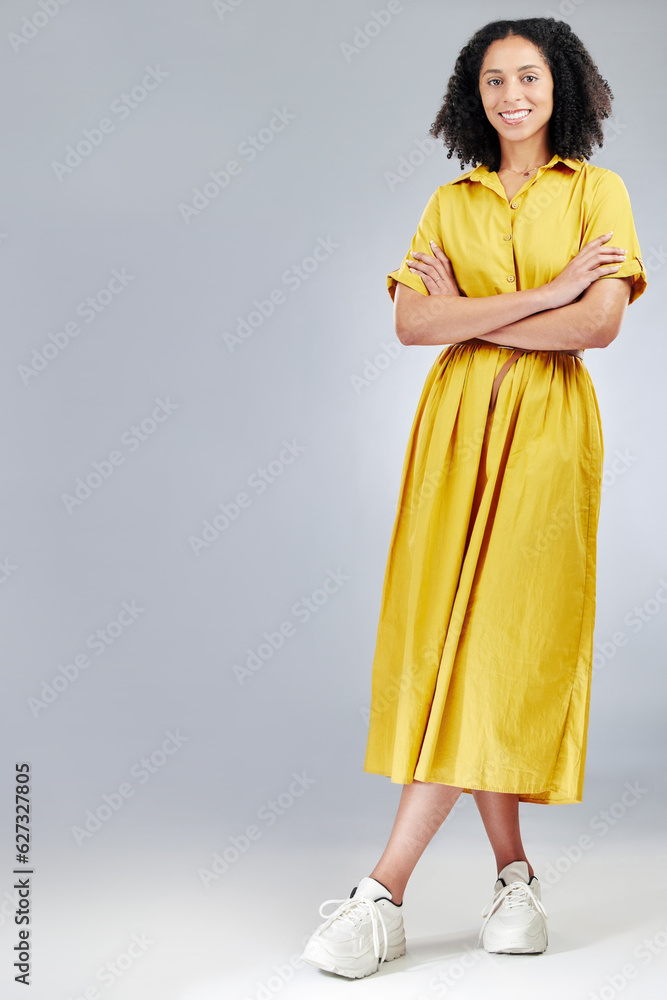 Arms crossed, space and portrait of business woman in studio for professional, creative and designer