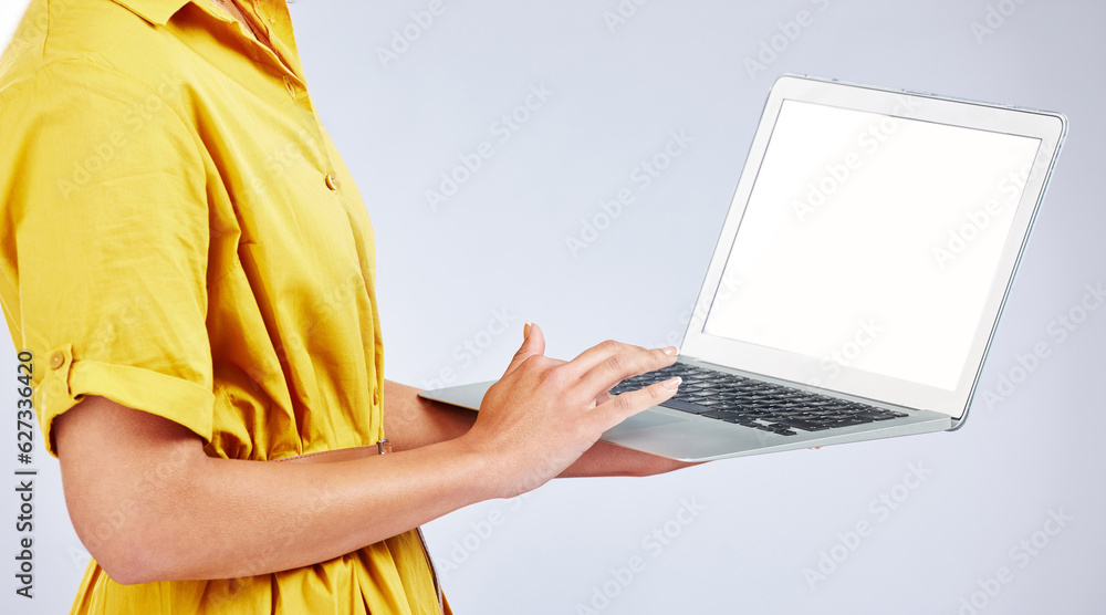 Woman hands, laptop screen and presentation mockup, e commerce advertising and fashion or creative w