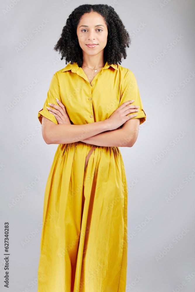 Serious, arms cross and portrait of business woman in studio for professional, creative and design. 