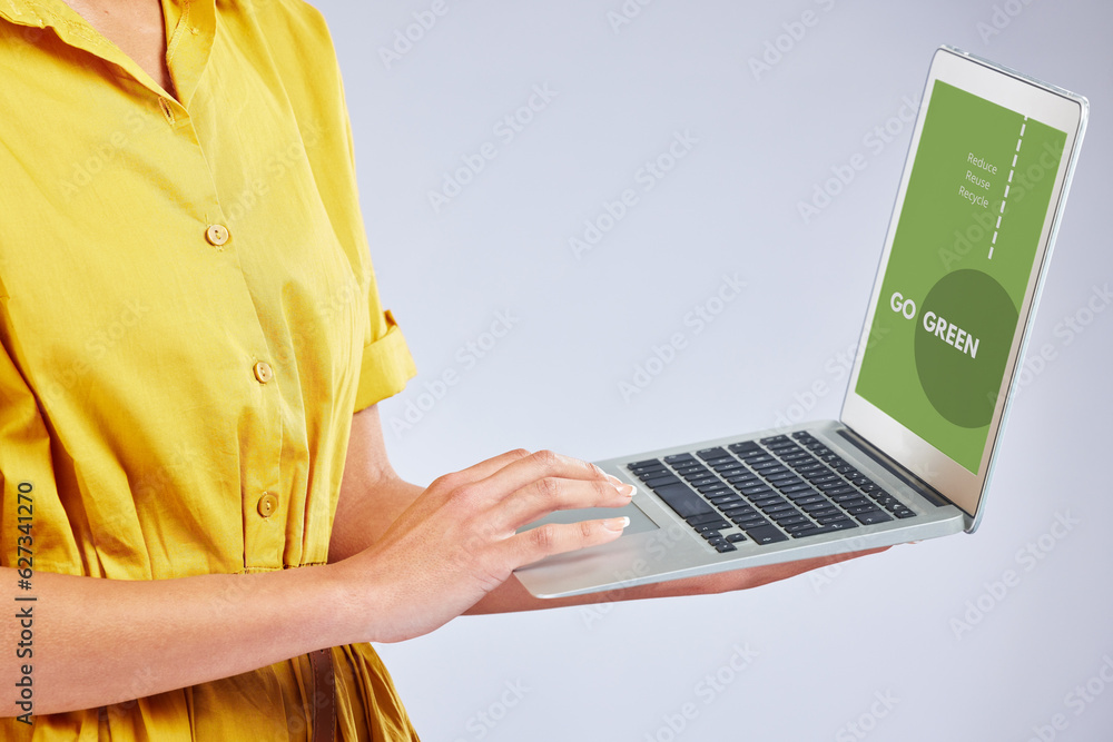 Woman hands, laptop screen and eco friendly website, sustainability research and green technology on