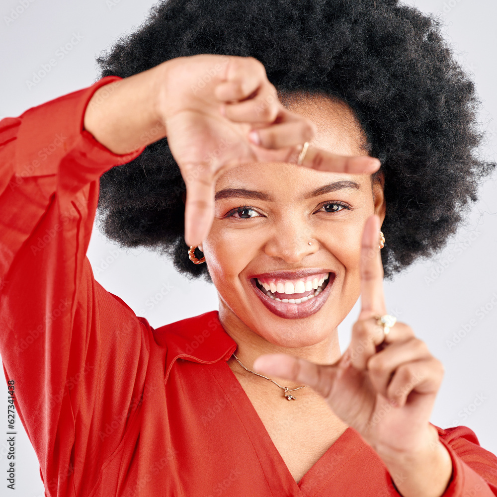 Portrait, finger frame or face of black woman in studio to review profile picture on white backgroun