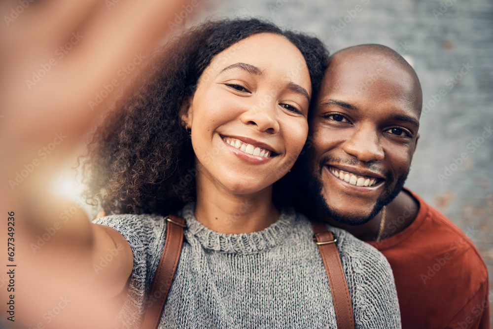 Face, interracial couple and selfie outdoor, happy and bonding together for memory in urban city. Po