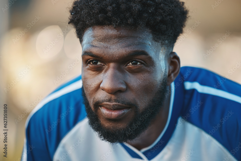 Soccer player, thinking or tired black man in sports training, game or match breathing on a field pi