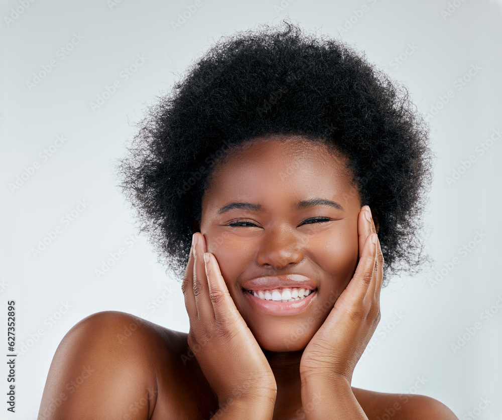 Skincare, portrait and African woman in studio with a natural, wellness or cosmetic face routine. He