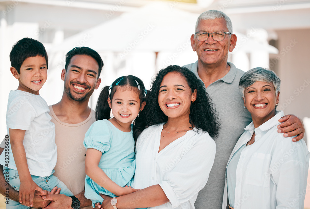 Happy, excited and portrait of big family together in the backyard of their modern house. Happiness,