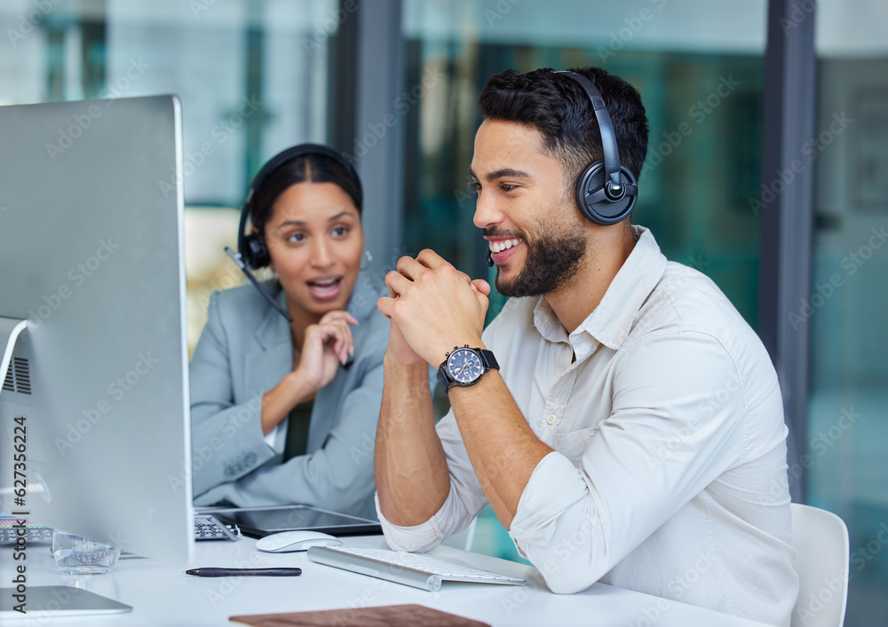 Business man, call center talk and web support staff at a computer in a office. Phone conversation, 