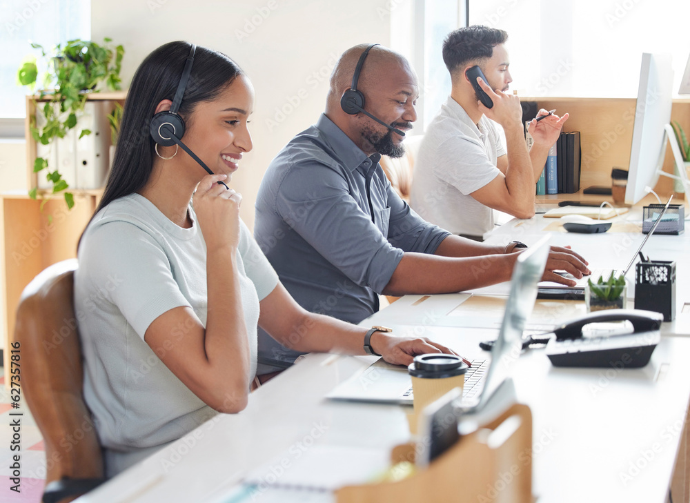 Call center, customer service or support with consultant people at work in an office for assistance.