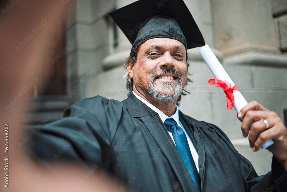 Mature man, graduation selfie and portrait with smile, law degree or diploma in street, pride or soc