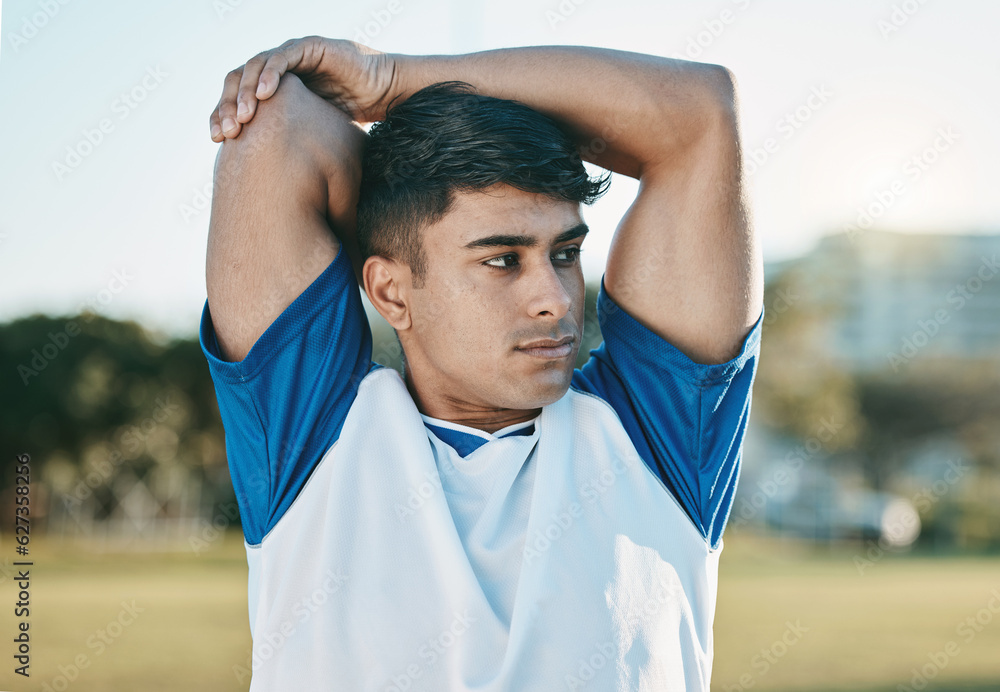 Man, soccer field or football player stretching arms thinking of training, exercise or workout in Br