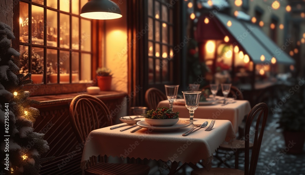 Street cafe near european Christmas tree with red ornaments outdoor. Cozy wooden tables and chairs w