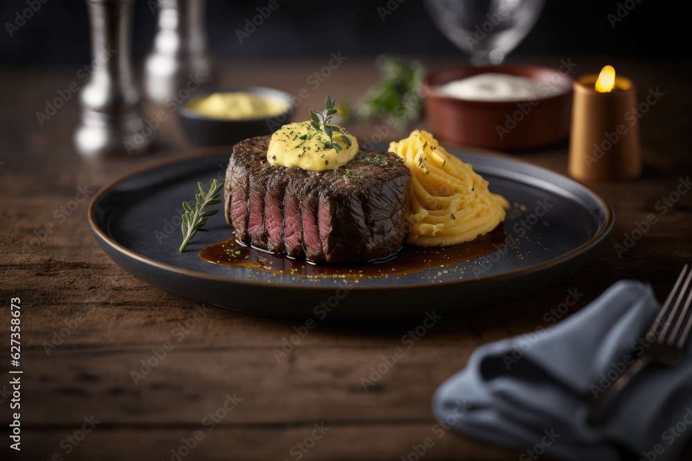 Steak. Grass-fed skirt steak, grilled to a medium rare and served with a garlic herb butter sauce an