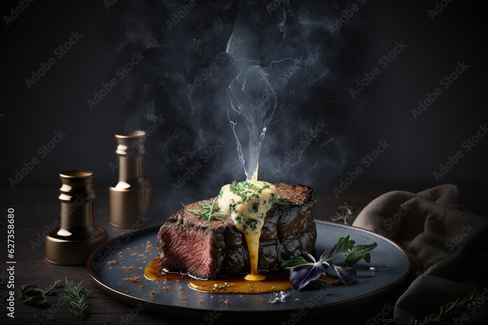 Steak. Grass-fed skirt steak, grilled to a medium rare and served with a garlic herb butter sauce an