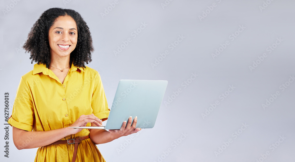 Happy, mockup and portrait of a woman with a laptop for communication, email or internet. Smile, cor