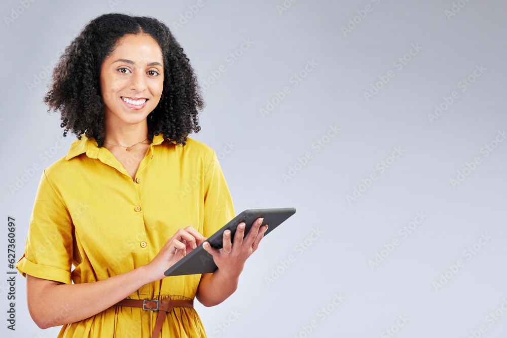 Smile, email and portrait of a woman with a tablet on a studio background for communication. Happy, 