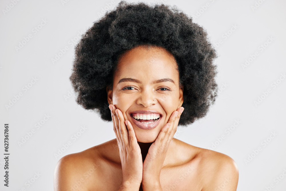 Beauty, hands on face and portrait of a black woman with dermatology, cosmetics or natural makeup. H