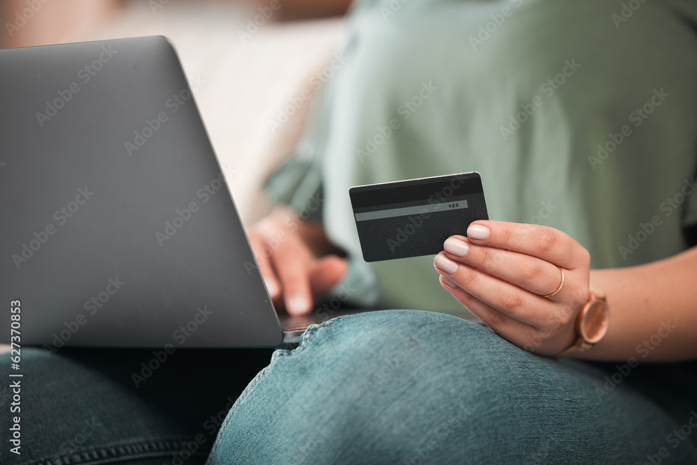 Hand, laptop and credit card for online shopping with a customer on the internet from home. Computer