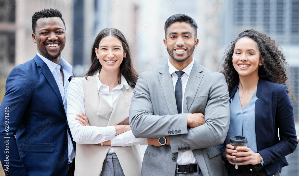 Business people, city portrait and arms crossed outdoor with leadership and management success. Prof