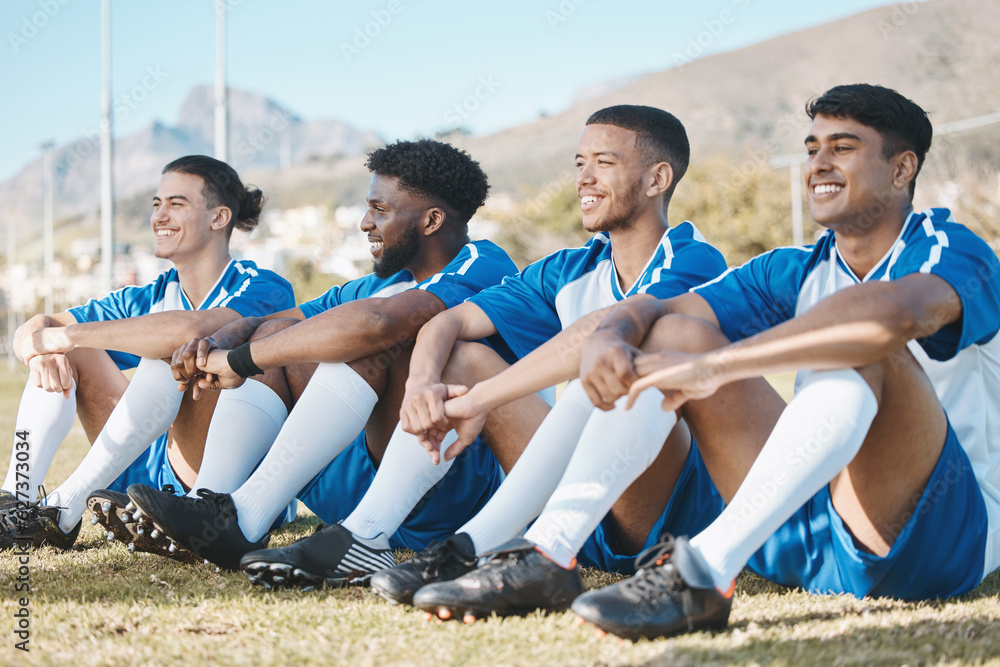 Happy soccer players, relax or team on a field for a sports game together in summer on resting break