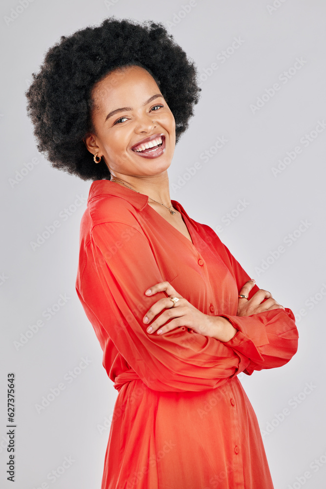 Portrait, smile and black woman with arms crossed, business and fashion designer against a white stu