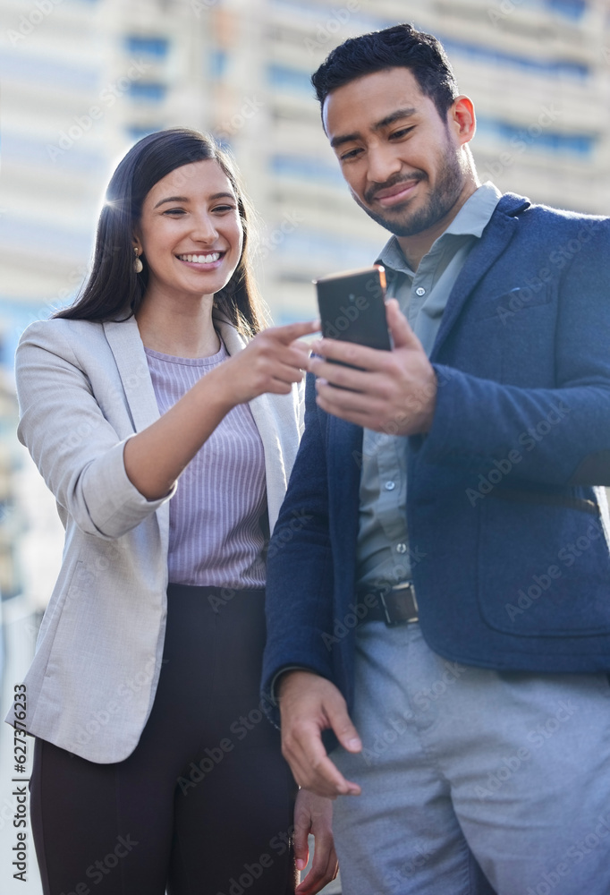 Phone, business people and team outdoor in a city with internet connection for social media. A happy