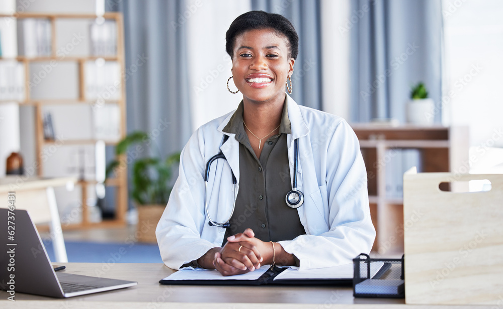 Black woman, portrait and doctor in office for medical services, advice and consulting in clinic. Ha